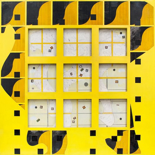 Salas y el arte de la abstracción. 3 aeiou, Variación en amarillo, mixta sobre tela, madera y metal, 1992.