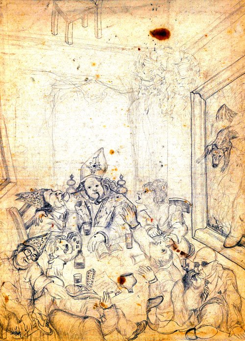 Rafael Díaz pintor de los hombres de humo. 2 Dolor compartido, dibujo sobre papel.