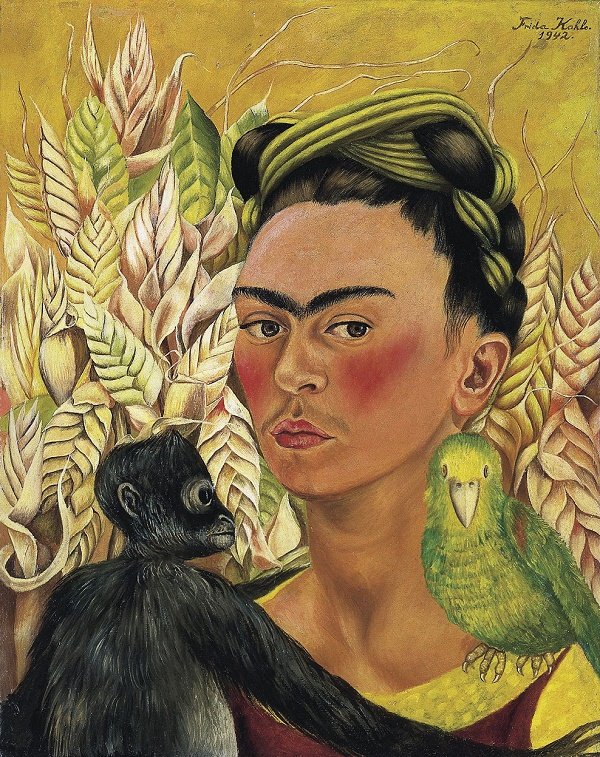 La gran muestra del Malba. 2 Autorretrato con chango y loro, Frida Khalo, 1942.
