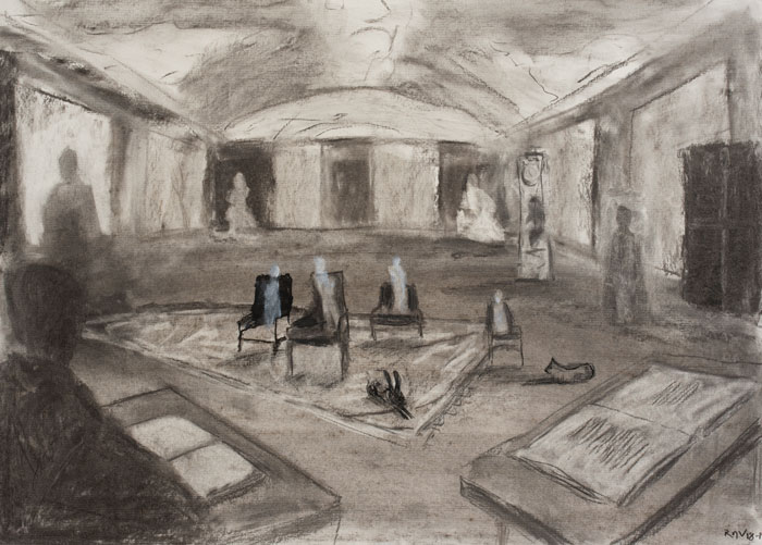 El arte de Roberto Noboa y su compleja interacción con el espectador. 1 Secta II, carboncillo sobre cartulina, 2019.