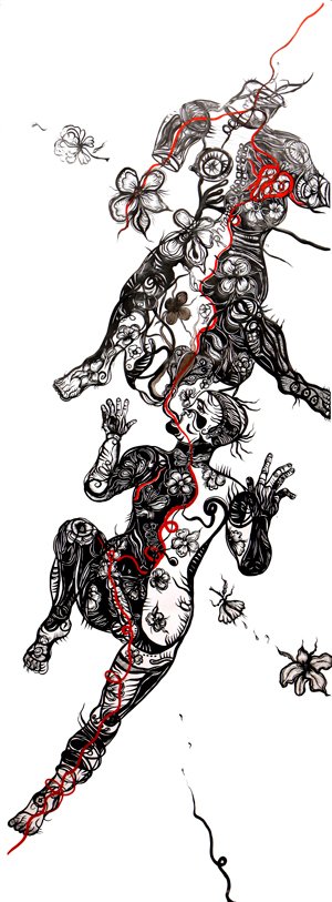 La galaxia de Ana Fernández. 4 Besos, tinta y gouache sobre papel, 300 x 110 cm, 2006.