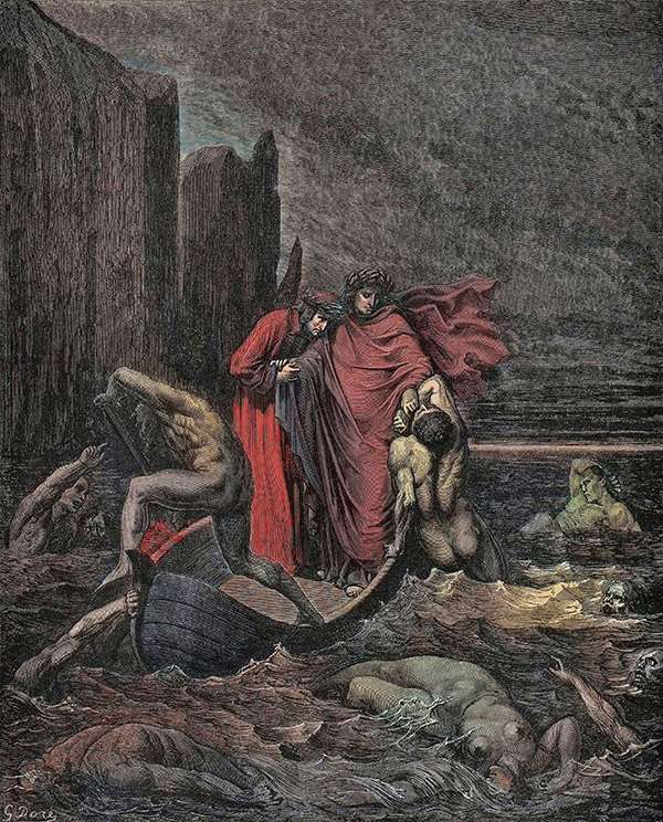 Asesinatos de tinta: venganza en el terreno de la ficción 1 La divina comedia, Infierno, Canto 8. Virgilio empuja a Filippo Argenti de vuelta al río Styx, el río del inframundo. Ilustración de Gustave Doré, 1885.